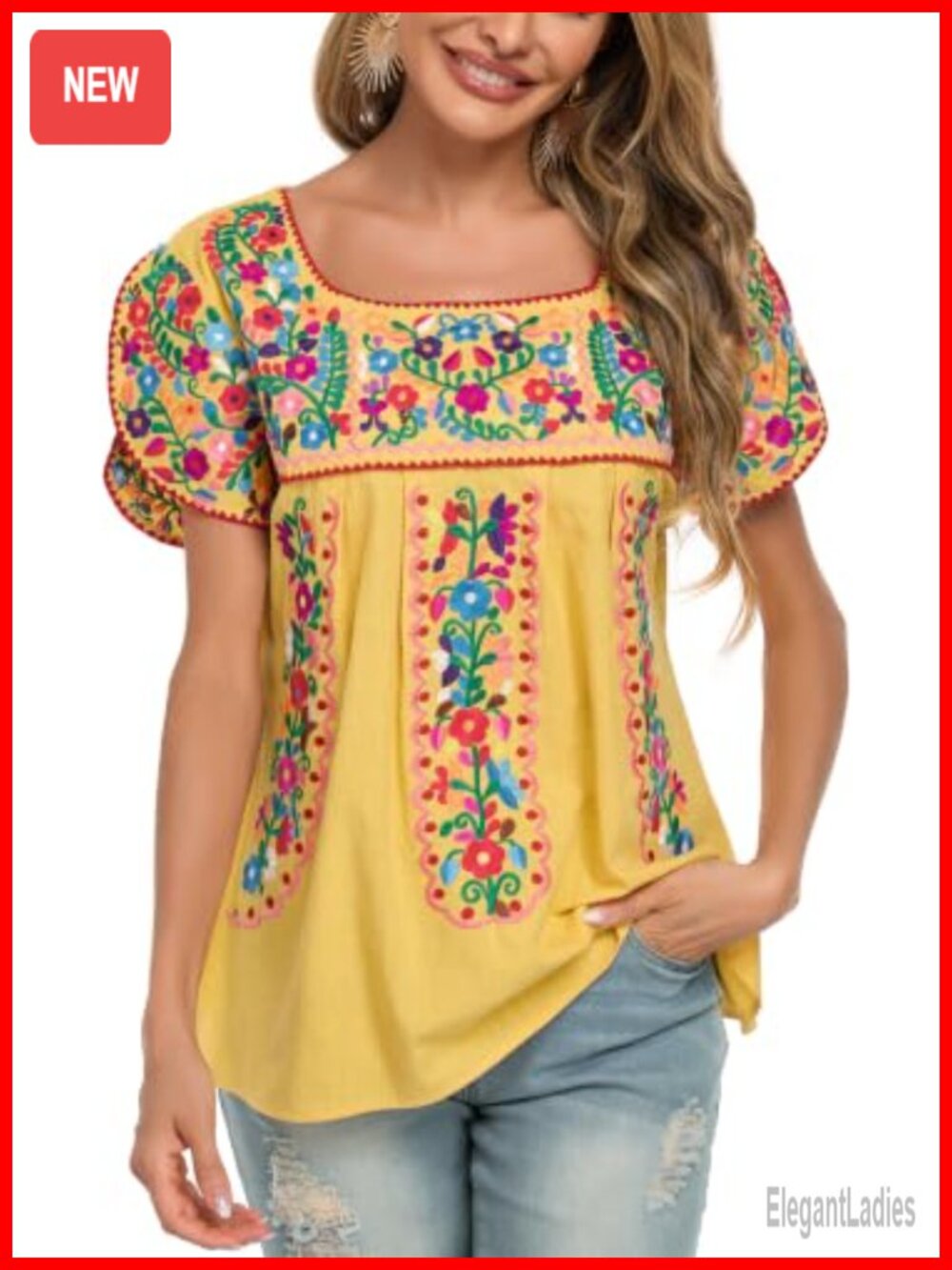 Women's Embroidered Cotton Peasant Tunic Top Boho Summer Blouse